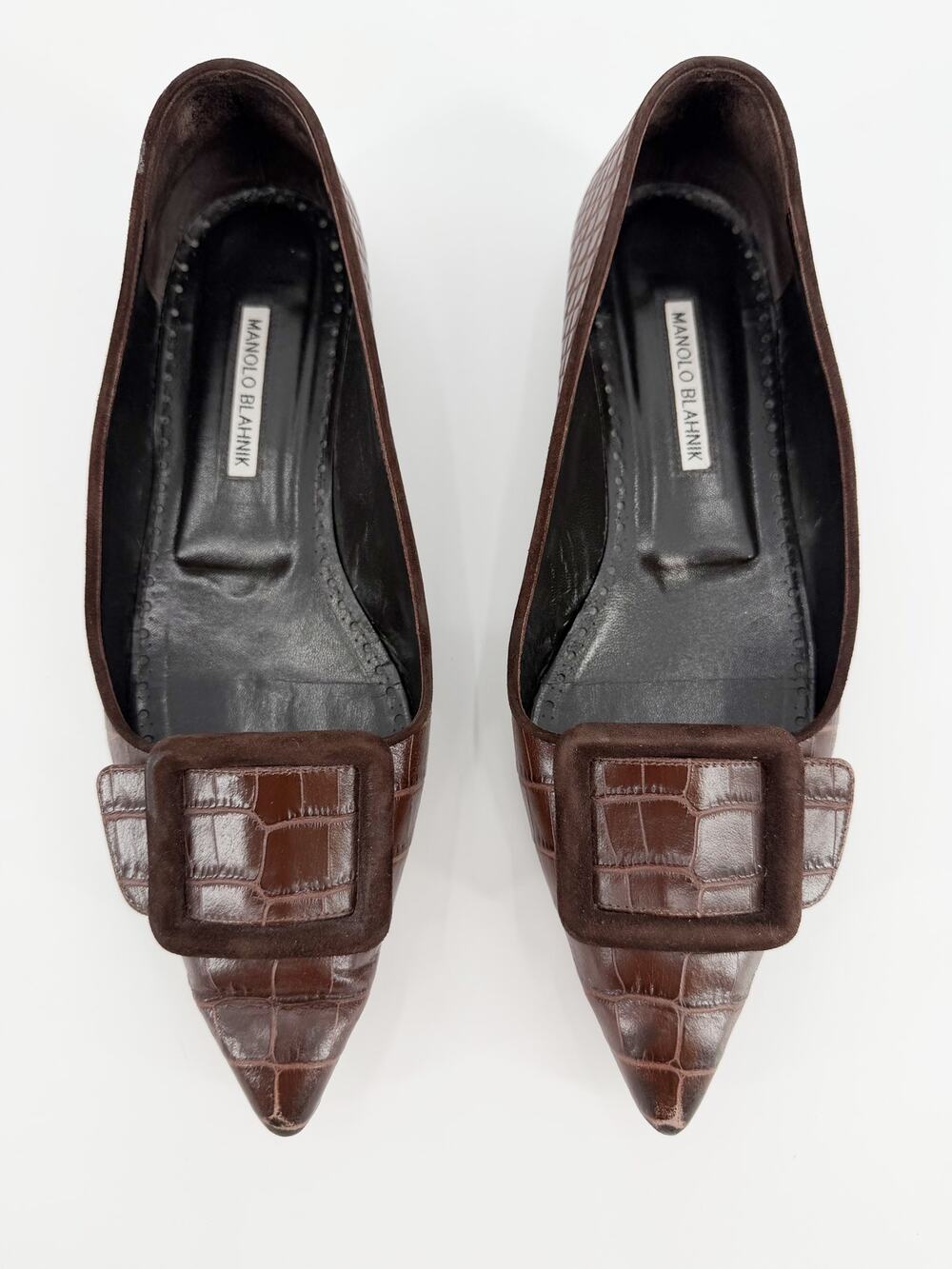 Manolo Blahnik Maysale Flat Brown Croc Embossed Leather Buckle Shoes Box 40